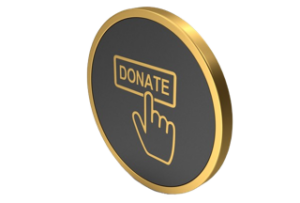 Hand pointing to the "DONATE" text on a gold coin.